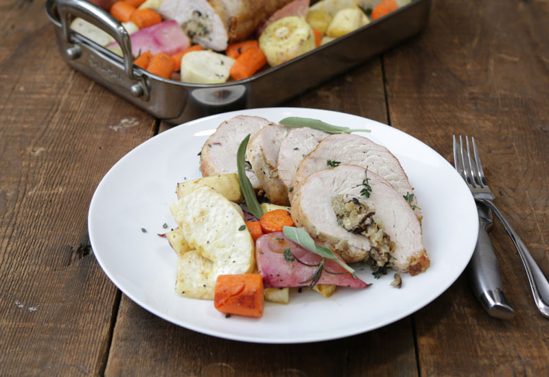 Mushroom and Quinoa Stuffed Turkey with Roasted Root Vegetables