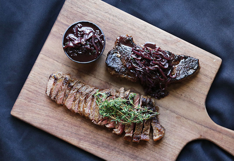 Bison Steak with Red Wine Shallot Sauce