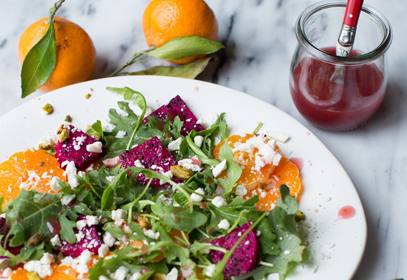 Satsuma Orange and Dragon Fruit Salad with Crumbled Feta