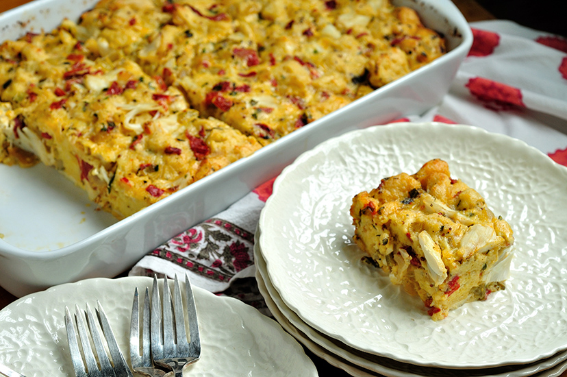Crab and Roasted Red Pepper Strata with Gruyere Cheese