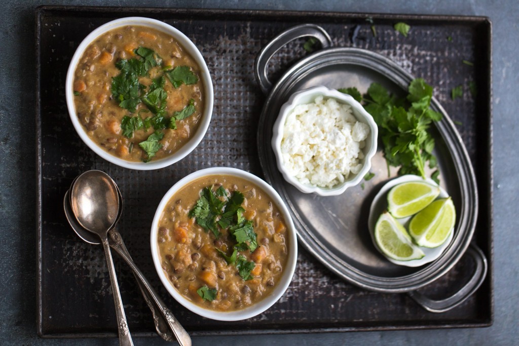 Red Lentil Soup and Garnish in Bowls