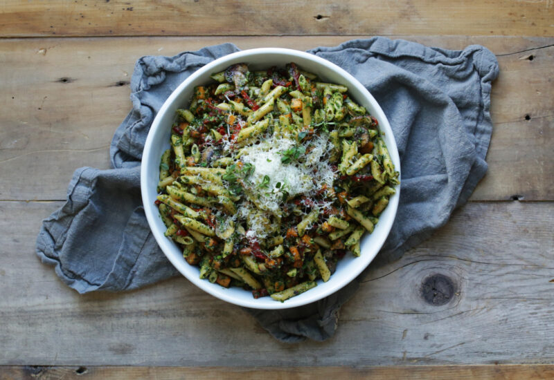 Kale Pesto Lentil Pasta with Sun Dried Tomatoes and Mushrooms
