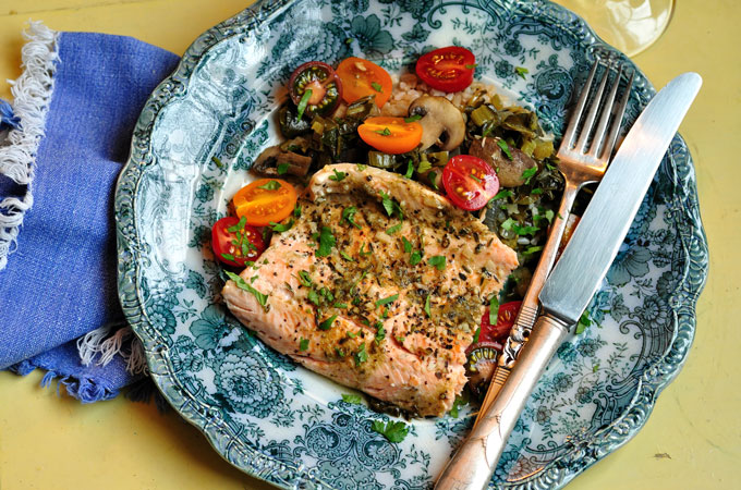 Ruby Red Trout with Swiss Chard, Mushrooms and Green Sriracha Sauce