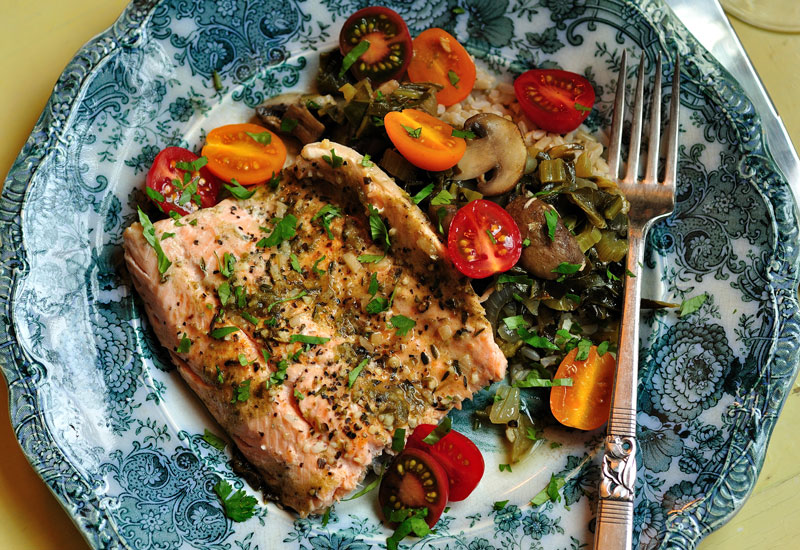 Ruby Red Trout with Swiss Chard, Mushrooms and Green Sriracha Sauce