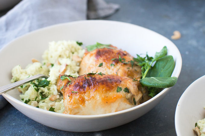 Bowl of Apricot Chicken with Cashew Cauliflower Rice