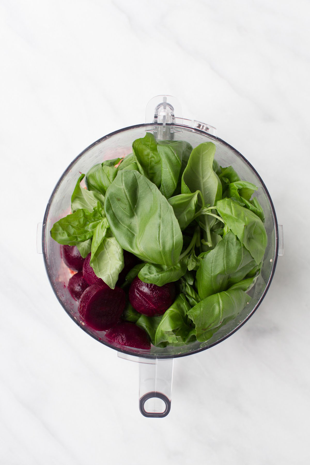 Beet Pesto Ingredients in a Food Processor