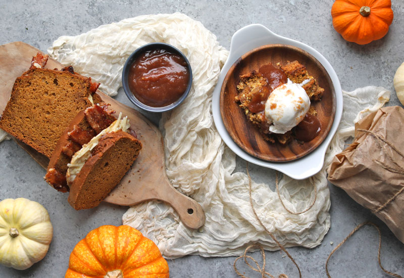 Pumpkin Bread Breakfast Sandwich and Bread Pudding