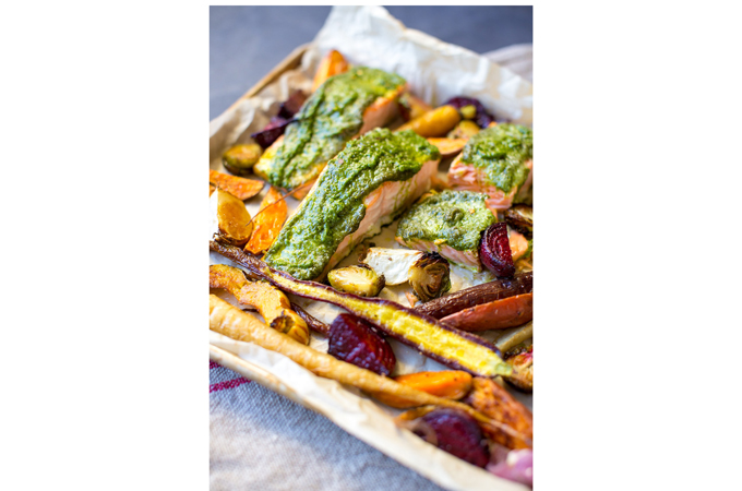 Roasted Vegetables and Sage Pesto Baked Salmon