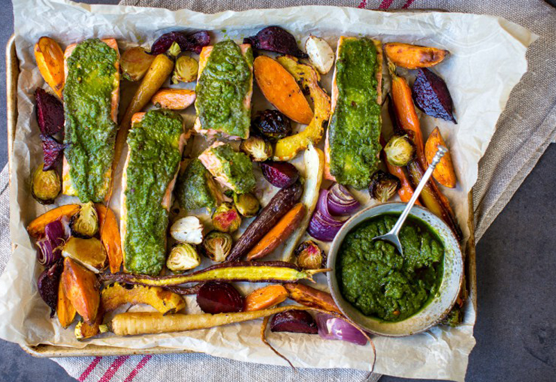 Roasted Vegetables and Sage Pesto Baked Salmon