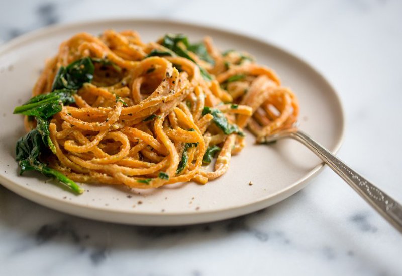 Spiralized Sweet Potatoes with Spicy Garlic Aioli and Cashew Cream Sauce