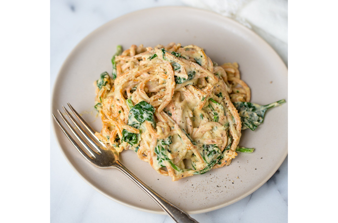 Spiralized Sweet Potatoes with Cashew Cream Sauce