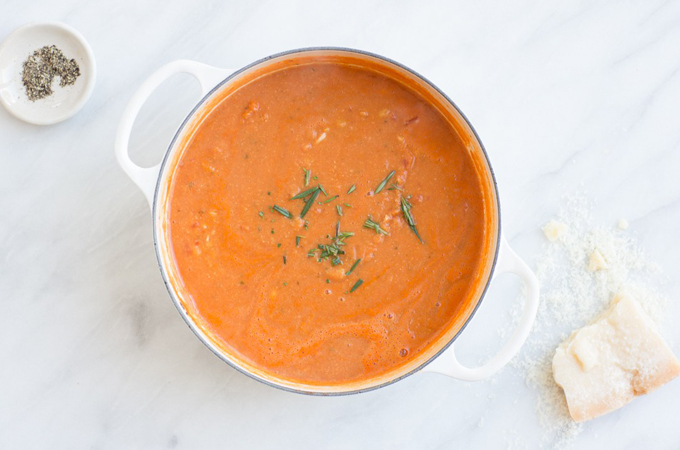 Ditalini Soup with Chickpeas, Tomatoes, Garlic and Rosemary in a Pot