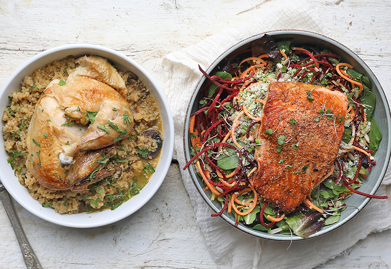 Chicken with Riced Cauliflower and Salmon Salad with Spiralized Veggies