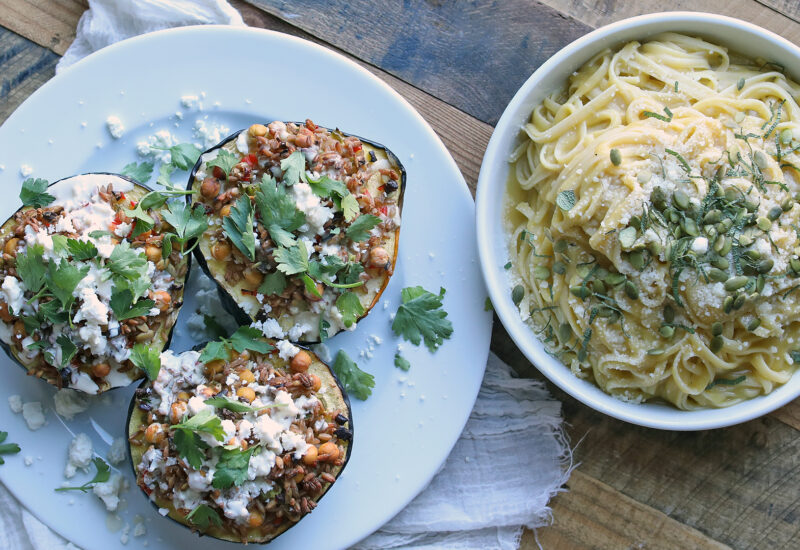 Mediterranean Stuffed Acorn Squash and Squash Pasta