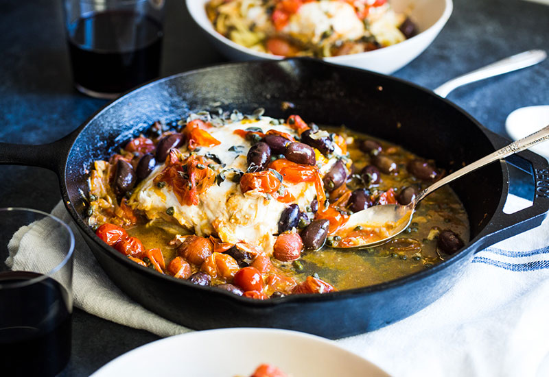 Baked Halibut with White Wine, Olives, Capers and Tomatoes