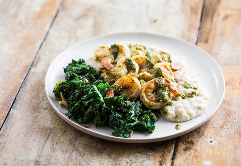 Herb Shrimp with Kale and Cauliflower Mash