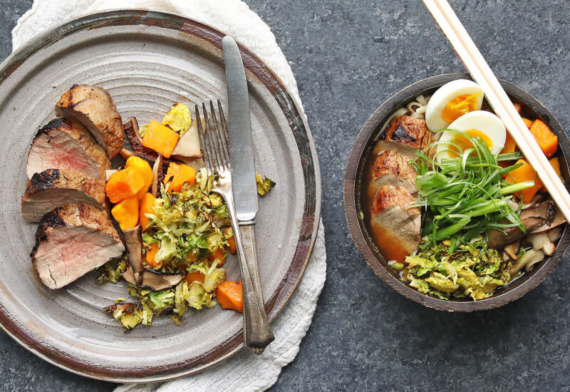 Roasted Balsamic Pork Tenderloin and Ramen Noodle Bowl