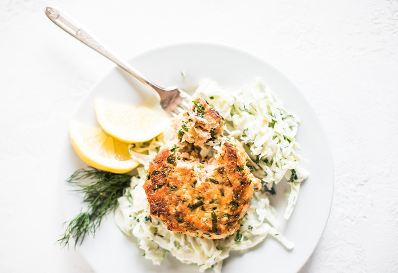 Salmon Burgers and Creamy Fennel Cabbage Slaw
