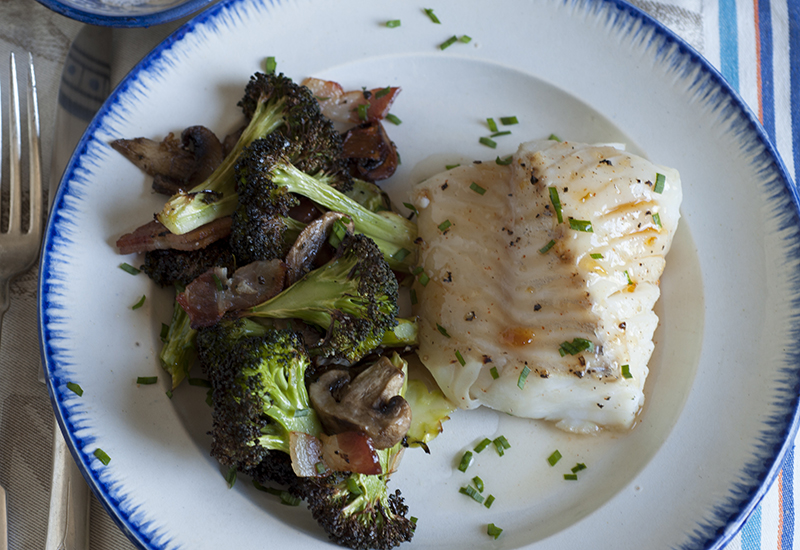 Orange Roasted Cod with Broccoli, Mushrooms and Bacon