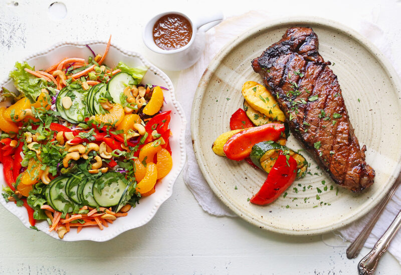 Asian Salad and Marinated Strip Steaks and Vegetables