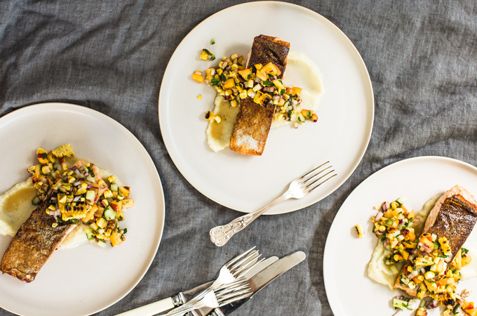 Pan Seared Salmon with Mashed Cauliflower and Peach Salsa