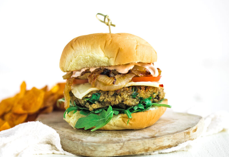 Quinoa Burgers with Caramelized Onions and Sun Dried Tomato Mayonnaise
