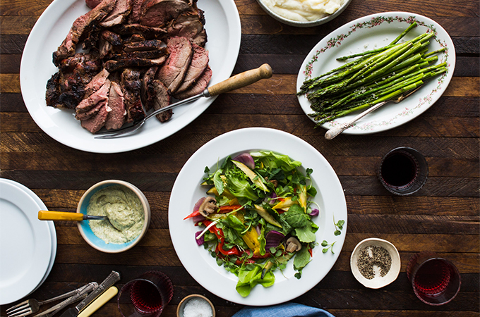 Holiday Dinner Table with Meat and Veggies