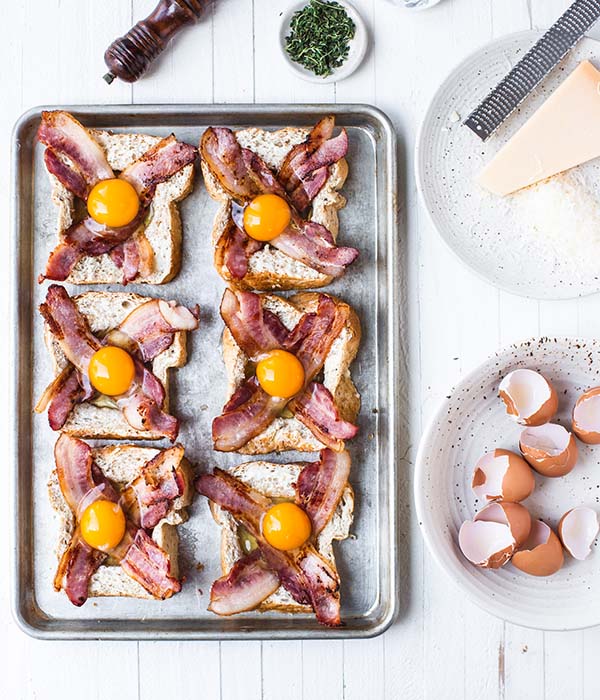 Egg in a Whole Assembled and Uncooked on Baking Sheet