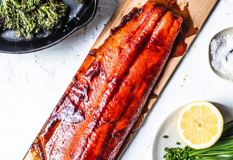 Cedar Plank Grilled Sockeye Salmon with Bourbon Glaze