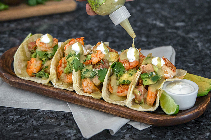 Avocado Serrano Spicy Shrimp Tacos