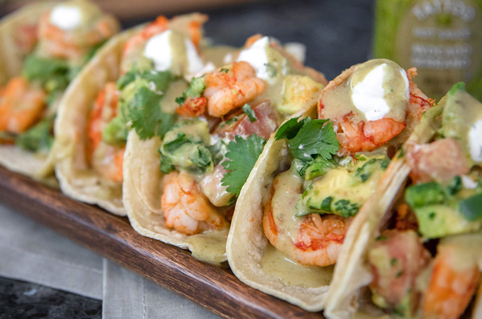 Avocado Serrano Spicy Shrimp Tacos