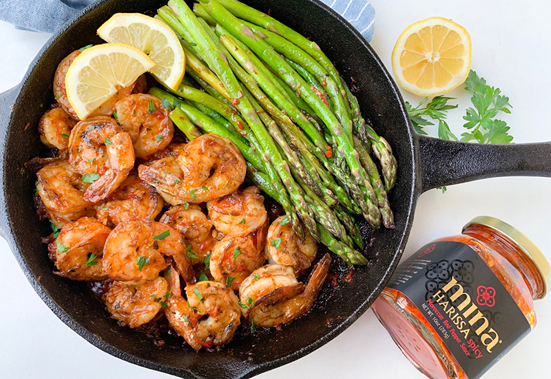 Spicy Harissa Shrimp with Asparagus
