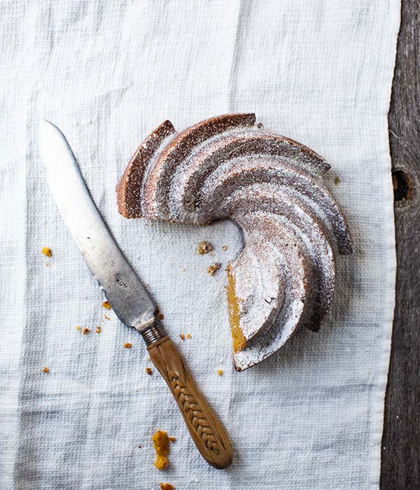 Sliced Butternut Squash Brown Butter Bundt Cake with Knife