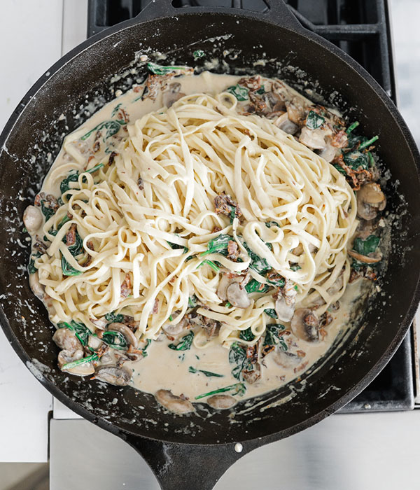 Brie, Bacon & Basil Pasta in Cast Iron Skillet