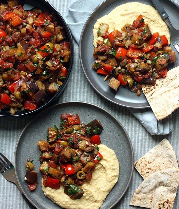 Eggplant Caponata with Roasted Garlic Hummus