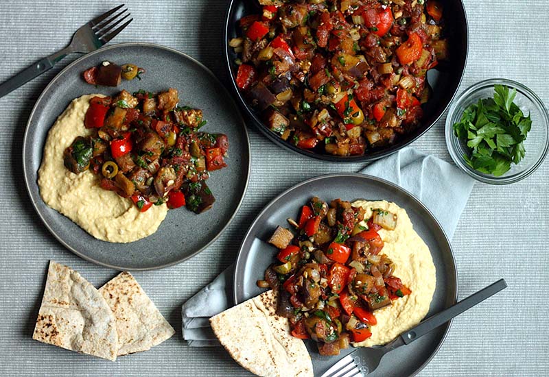 Eggplant Caponata with Roasted Garlic Hummus