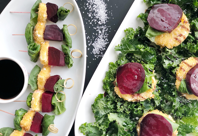 Roasted Beet and Fried Mozzarella Caprese Skewers