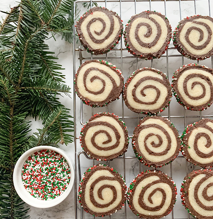 Double Chocolate and Peppermint Pinwheel Cookies on Rack