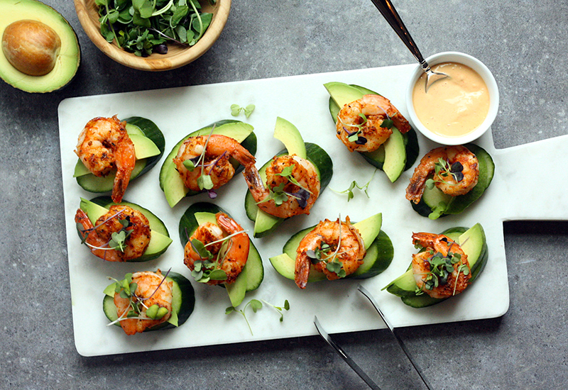 Blackened Shrimp and Cucumber Bites with Spicy Aioli