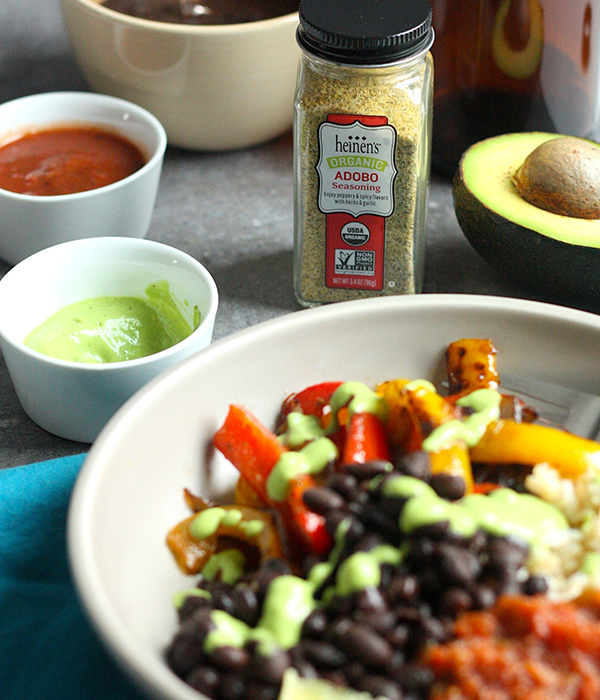 Adobo Black Bean Fajita Bowl with Avocado Yogurt