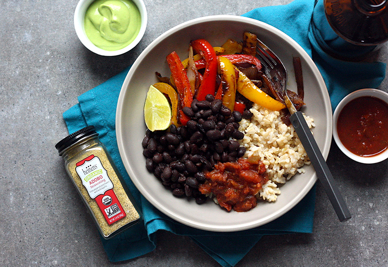 Adobo Black Bean Fajita Bowls with Avocado Yogurt