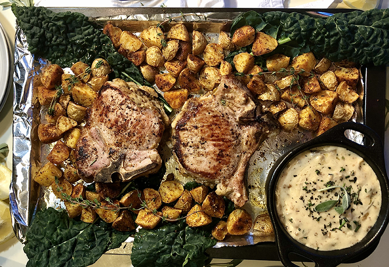 Stuffed Pork Chops and Brava Potatoes