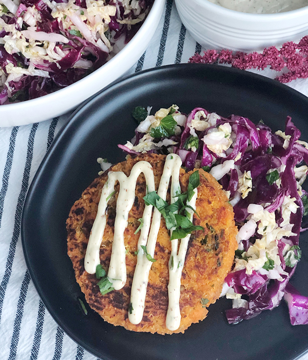 Sweet Potato Quinoa Burger with Napa Cabbage Slaw and Dijon Aioli