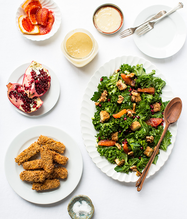 Kale Salad Ingredients and Panko Crusted Tempeh