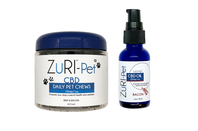ZuRI-Pet products including a container of daily pet CBD chews and spray bottle with CBD oil.