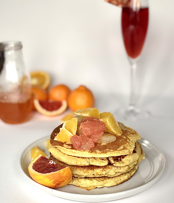 Blood Orange Mimosa Pancakes with Mimosa