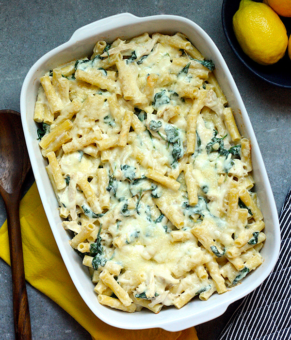 Creamy Lemon Chicken Baked Ziti in Casserole Dish