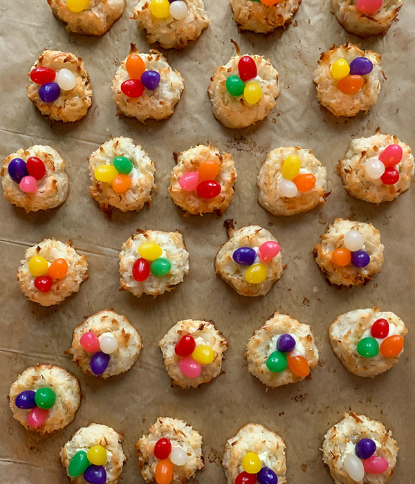 Coconut Macaroon Jelly Nests on Baking Sheet