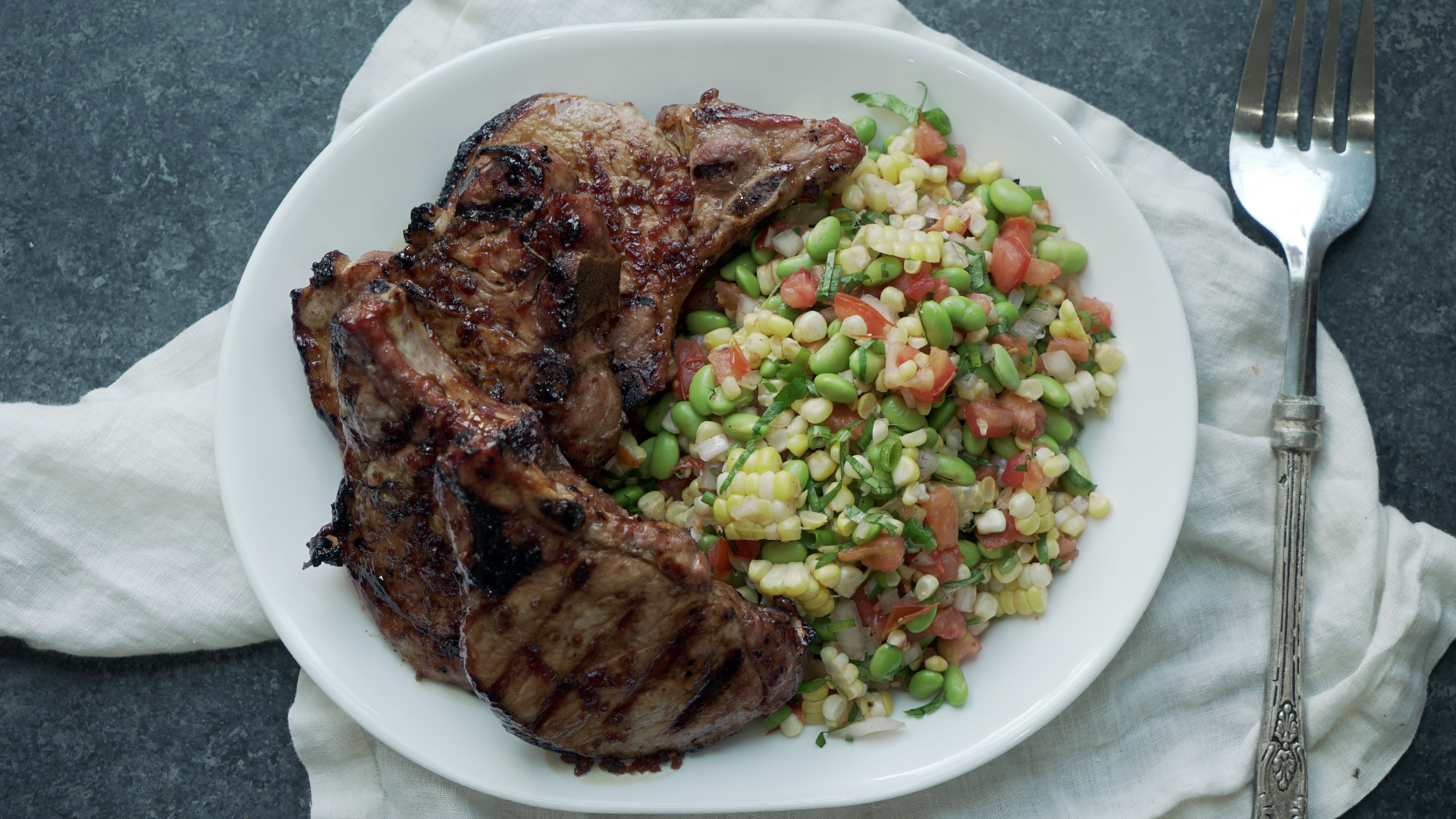 Teriyaki Marinated Pork Chops with Corn Succotash