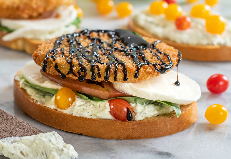 Fried Green Tomato Caprese Crostini